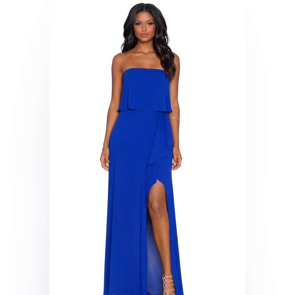 BCBGMAXAZRIA Royal Blue Strapless Maxi Dress | Ruffle Overlay | Size 4